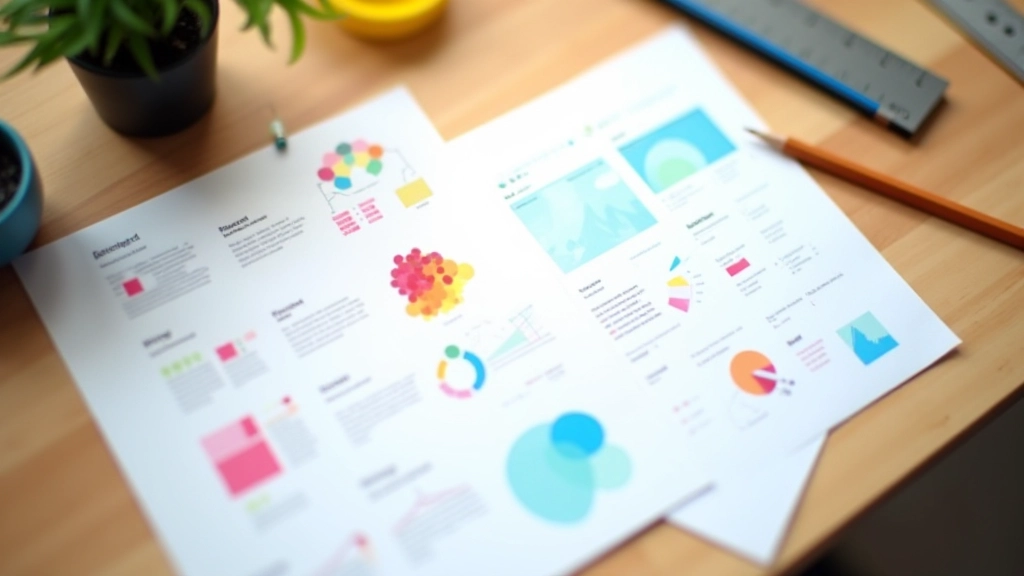 Close-up of color swatches and design sketches on wooden workspace