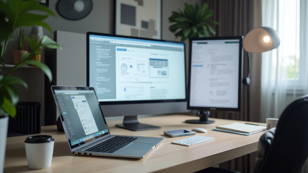 Modern laptop displaying responsive design grid on desktop monitor